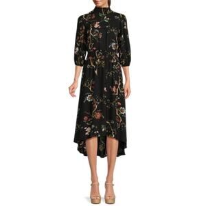 NANETTE NANETTE LEPORE Dress Size 8 Floral High Low Midi in Black Smocked Waist
